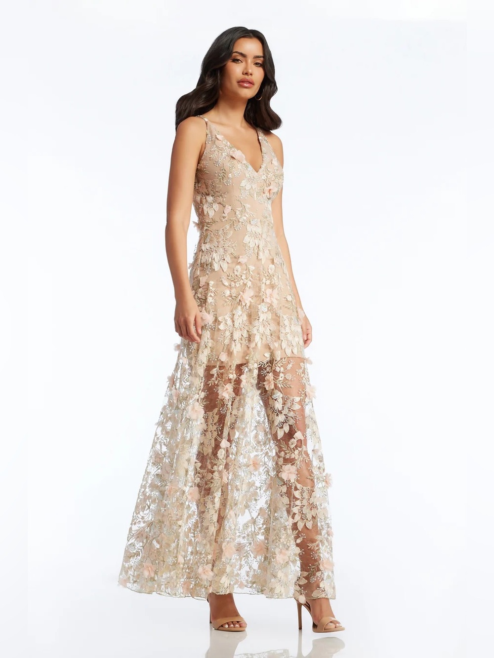 NEW Dress The Population Sidney Deep V-Neck 3D Lace Gown In Pink Floral Size L